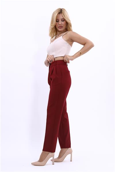 Kemerli Köprülü Dar Paça Pantolon-Bordo