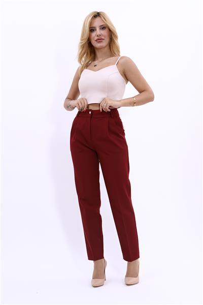 Kemerli Köprülü Dar Paça Pantolon-Bordo