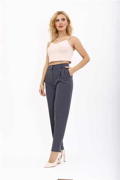 Kemerli Köprülü Dar Paça Pantolon-Füme