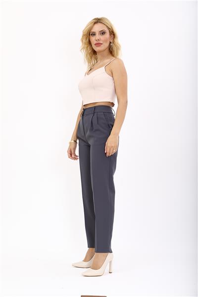 Kemerli Köprülü Dar Paça Pantolon-Füme