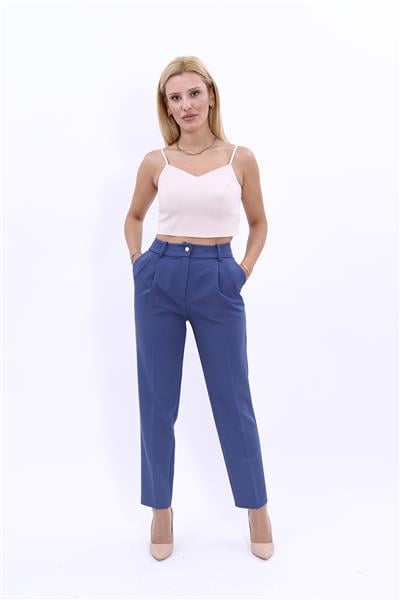 Kemerli Köprülü Dar Paça Pantolon-İndigo