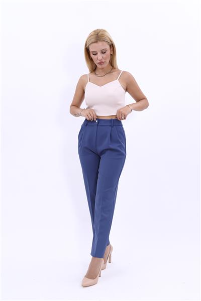 Kemerli Köprülü Dar Paça Pantolon-İndigo