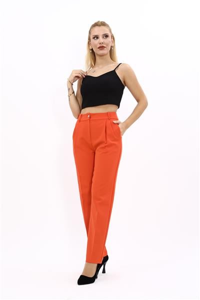 Kemerli Köprülü Dar Paça Pantolon-Turuncu