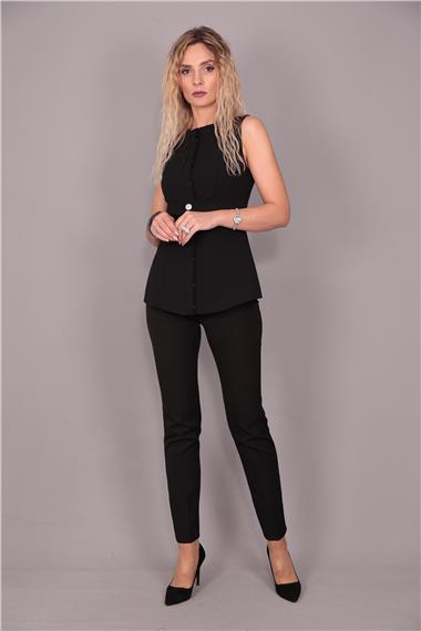 Sıfır Yaka Kemerli Yelek & Dar Paça Pantolon-Siyah