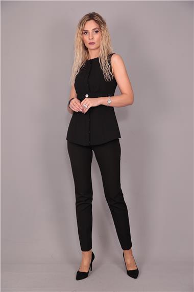 Sıfır Yaka Kemerli Yelek & Dar Paça Pantolon-Siyah