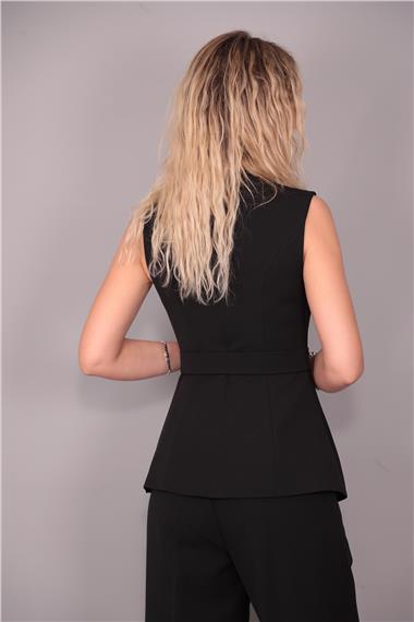 Sıfır Yaka Kemerli Yelek-Siyah