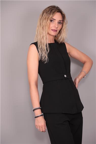 Sıfır Yaka Kemerli Yelek-Siyah