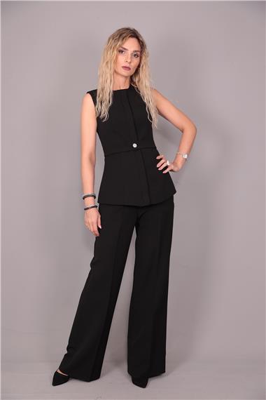 Kemerli Yelek & Yüksek Bel Bol Paça Pantolon Takım-Siyah