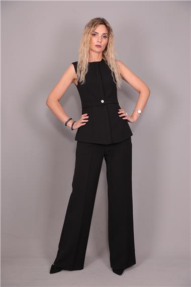 Kemerli Yelek & Yüksek Bel Bol Paça Pantolon Takım-Siyah