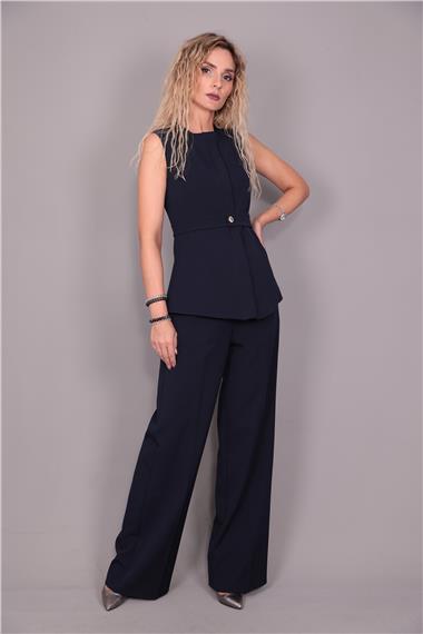 Kemerli Yelek & Yüksek Bel Bol Paça Pantolon Takım-Lacivert