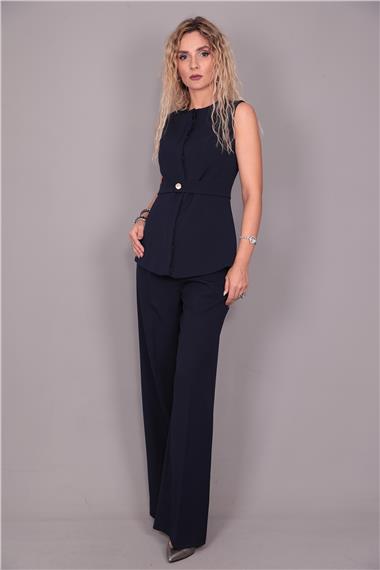 Kemerli Yelek & Yüksek Bel Bol Paça Pantolon Takım-Lacivert