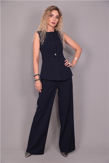 Kemerli Yelek & Yüksek Bel Bol Paça Pantolon Takım-Lacivert
