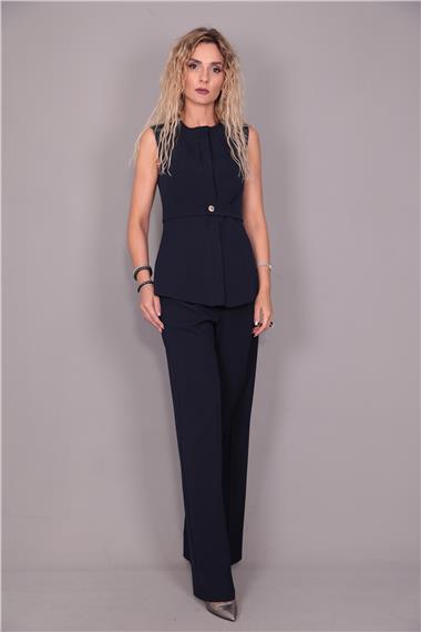 Kemerli Yelek & Yüksek Bel Bol Paça Pantolon Takım-Lacivert