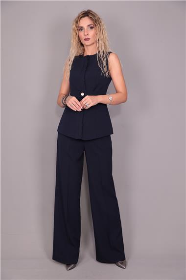 Kemerli Yelek & Yüksek Bel Bol Paça Pantolon Takım-Lacivert