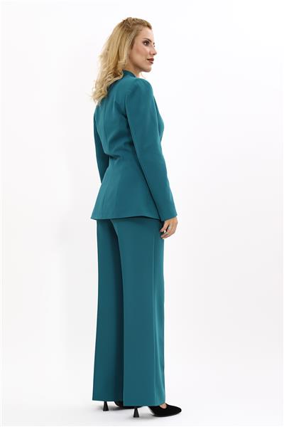 Kendinden Dik Yakalı Ceket & Bol Paça Pantolon-Petrol