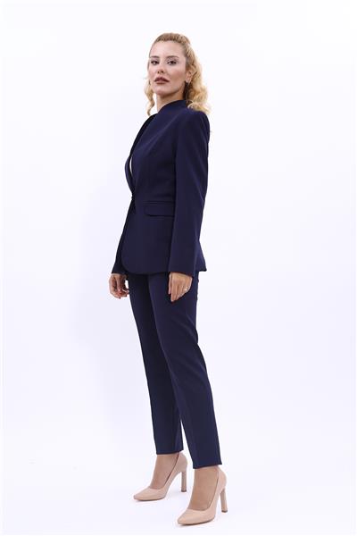 Kendinden Dik Yakalı Ceket & Dar Paça Pantolon-Lacivert