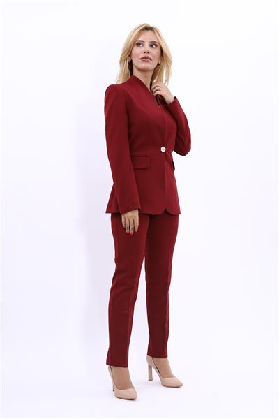 Kendinden Dik Yakalı Ceket & Dar Paça Pantolon-Bordo