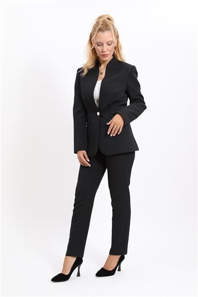 Kendinden Dik Yakalı Ceket & Dar Paça Pantolon-Siyah