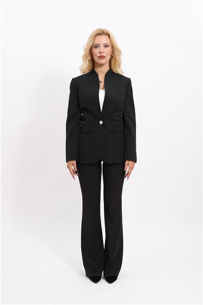 Kendinden Dik Yakalı Ceket & İspanyol Paça Pantolon-Siyah