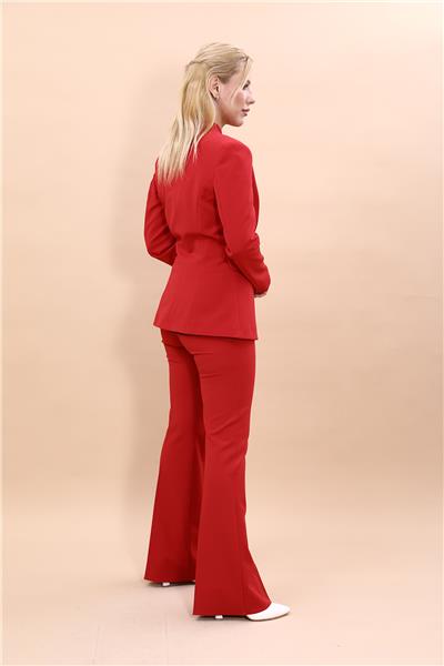 Kendinden Dik Yakalı Ceket & İspanyol Paça Pantolon-Kırmızı