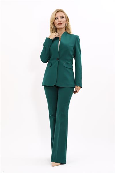 Kendinden Dik Yakalı Ceket & İspanyol Paça Pantolon-Zümrüt