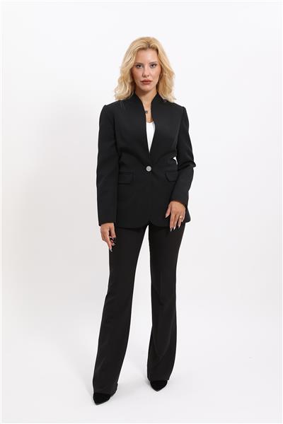 Kendinden Dik Yakalı Ceket & İspanyol Paça Pantolon-Siyah