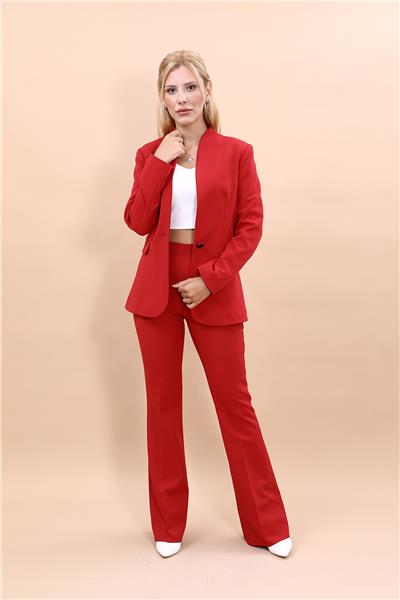 Kendinden Dik Yakalı Ceket & İspanyol Paça Pantolon-Kırmızı