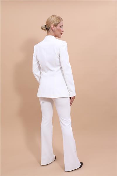 Kendinden Dik Yakalı Ceket & İspanyol Paça Pantolon-Beyaz