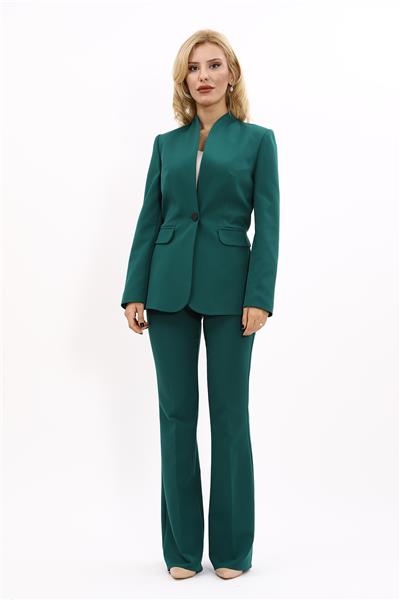 Kendinden Dik Yakalı Ceket & İspanyol Paça Pantolon-Zümrüt