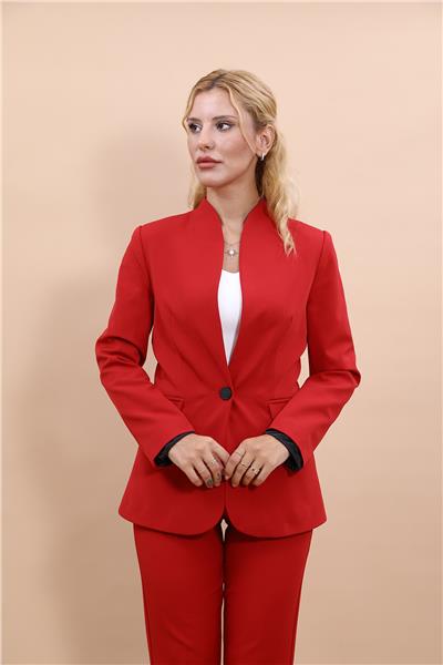Kendinden Dik Yakalı Ceket-Kırmızı