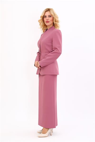 Kendinden Dik Yakalı Ceket & Uzun Düz Dar Etek-Rose