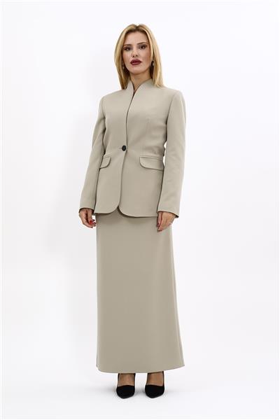 Kendinden Dik Yakalı Ceket & Uzun Düz Dar Etek-Bambu