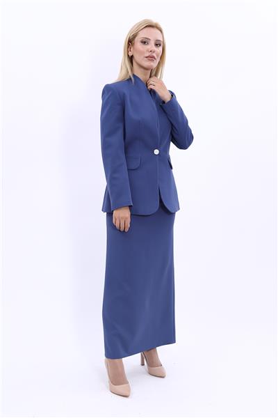 Kendinden Dik Yakalı Ceket & Uzun Düz Dar Etek-İndigo