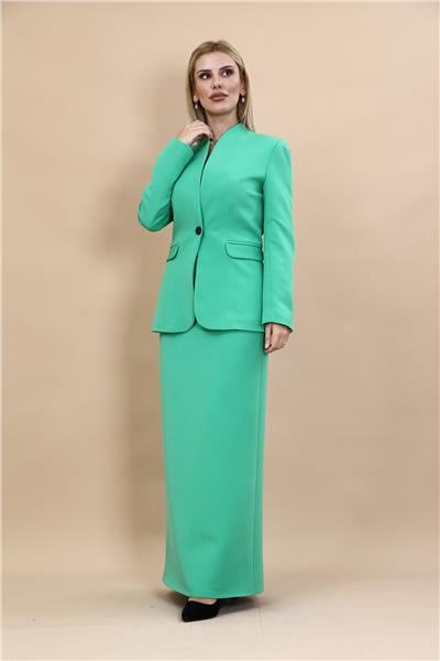 Kendinden Dik Yakalı Ceket & Uzun Düz Dar Etek-Yeşil