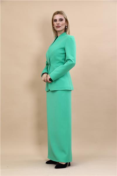 Kendinden Dik Yakalı Ceket & Uzun Düz Dar Etek-Yeşil