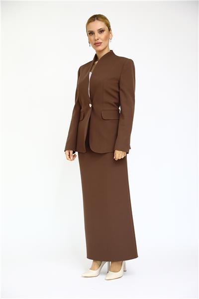 Kendinden Dik Yakalı Ceket & Uzun Düz Dar Etek-Kestane