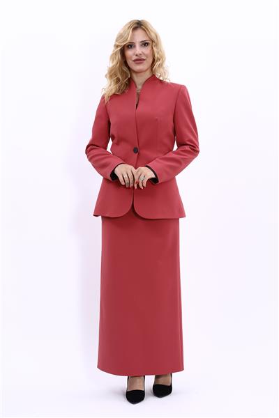 Kendinden Dik Yakalı Ceket & Uzun Düz Dar Etek-Kiremit