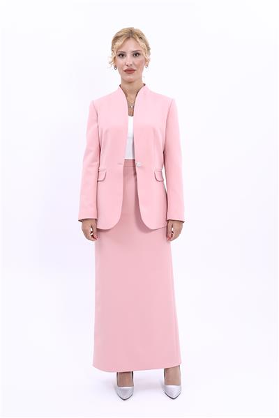 Kendinden Dik Yakalı Ceket & Uzun Düz Dar Etek-Pudra