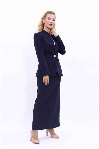 Kendinden Dik Yakalı Ceket & Uzun Düz Dar Etek-Lacivert