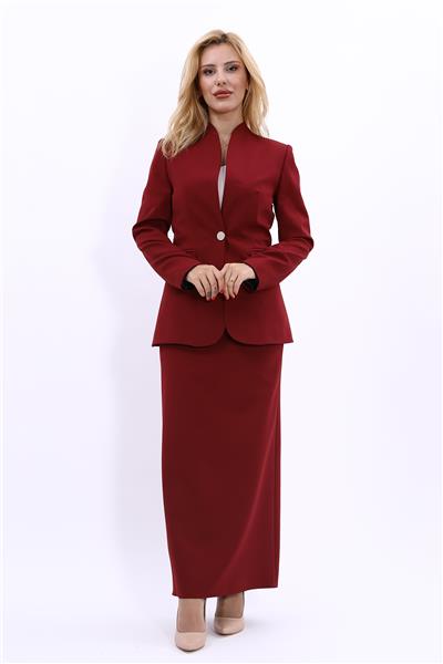 Kendinden Dik Yakalı Ceket & Uzun Düz Dar Etek-Bordo
