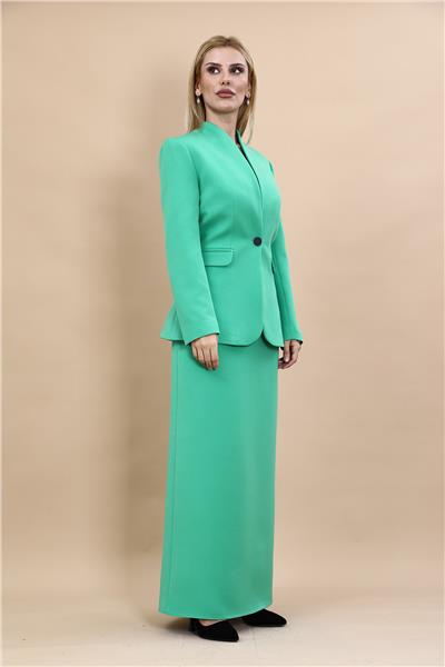 Kendinden Dik Yakalı Ceket & Uzun Düz Dar Etek-Yeşil