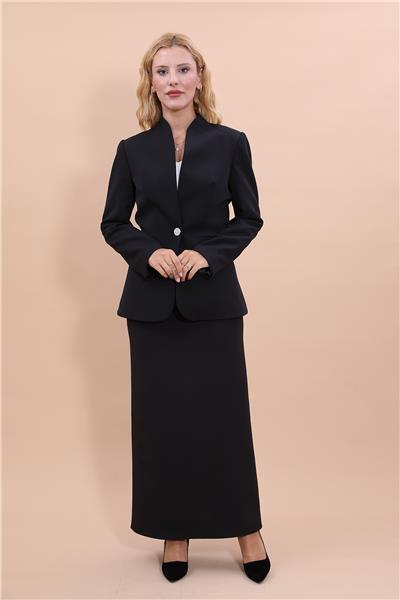 Kendinden Dik Yakalı Ceket & Uzun Düz Dar Etek-Siyah