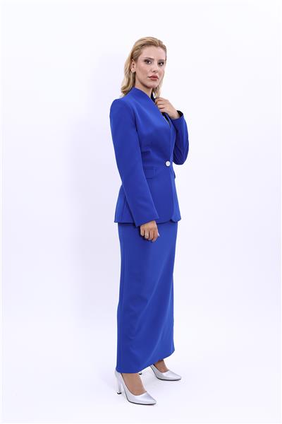 Kendinden Dik Yakalı Ceket & Uzun Düz Dar Etek-Saks