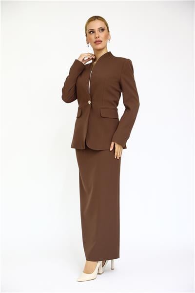 Kendinden Dik Yakalı Ceket & Uzun Düz Dar Etek-Kestane