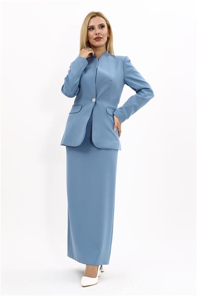 Kendinden Dik Yakalı Ceket & Uzun Düz Dar Etek-Deniz