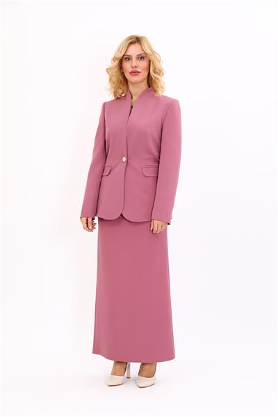 Kendinden Dik Yakalı Ceket & Uzun Düz Dar Etek-Rose