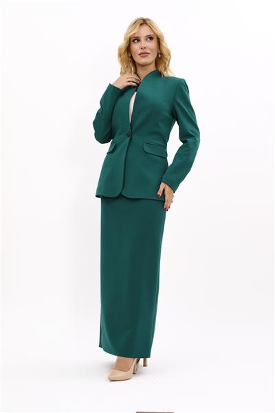 Kendinden Dik Yakalı Ceket & Uzun Düz Dar Etek-Zümrüt