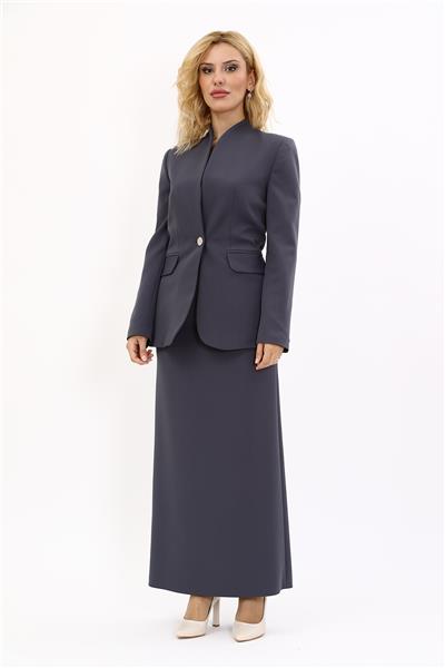 Kendinden Dik Yakalı Ceket & Uzun Düz Dar Etek-Füme