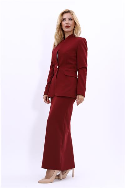 Kendinden Dik Yakalı Ceket & Uzun Düz Dar Etek-Bordo