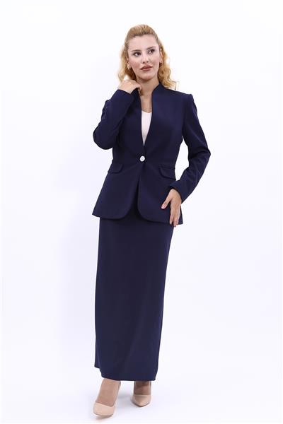 Kendinden Dik Yakalı Ceket & Uzun Düz Dar Etek-Lacivert